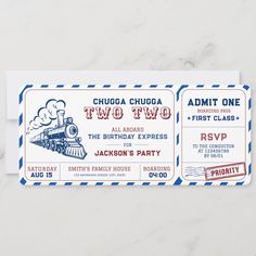 two tickets for the birthday party are shown on a white surface with blue and red stripes