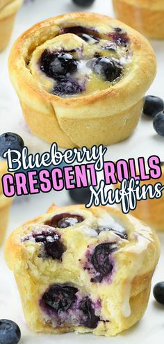 blueberry crescent rolls with white frosting and fresh blueberries in the middle on top