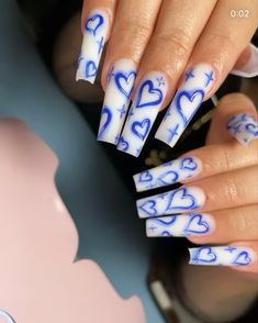 Blue Hearts Acrylic Nails, Acrylics With Heart Design, Baby Blue Valentine Nails, Red And Blue Nails Design, Valentines Nails Designs Short, French Tip Acrylic Nails Long, Chola Nails, Chicano Nails, Nails Designs Short