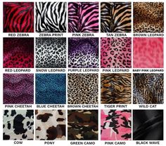 the different animal print fabrics are available in various colors and sizes, including pink, purple, black, green, leopard, zebra, blue, red, brown, cheetah