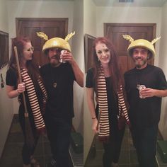 three people with bananas on their heads are taking a selfie in front of the mirror