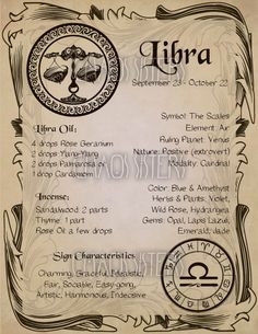 a menu with an image of libra and the zodiac sign on it's side