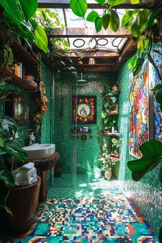 a bathroom with green tiles and plants in the bathtub, toilet and sink area