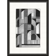 a black and white painting with geometric shapes in it's frame on the wall