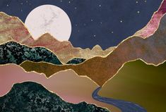 an image of a painting with mountains and a moon in the sky above it that is made out of colored paper