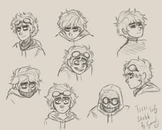 some sketches of people with different facial expressions and hair, one in the middle is wearing glasses