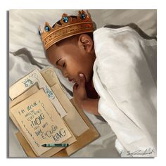 a painting of a boy reading a book with a crown on top of his head