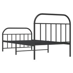 a black metal bed frame with an arched headboard and foot board, viewed from the side