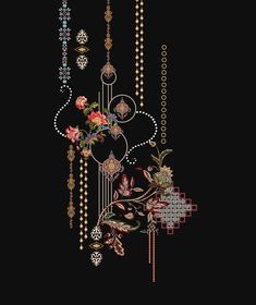 a black background with flowers and beads hanging from it's sides, in the middle