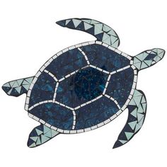 a sea turtle made out of blue and white mosaic tiles on a white background,