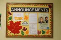 a bulletin board with leaves on it and the words announcementments written in large letters