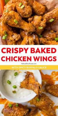 crispy baked chicken wings with spicy buffalo sauce are the perfect appetizer for any party