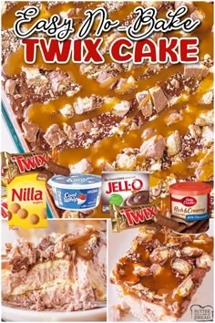 an advertisement for two layer cake with caramel and chocolate toppings on the side