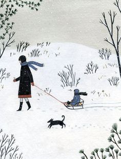 a woman pulling a child on a sled in the snow