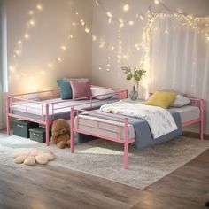 a bedroom with two twin beds and a teddy bear on the floor next to it