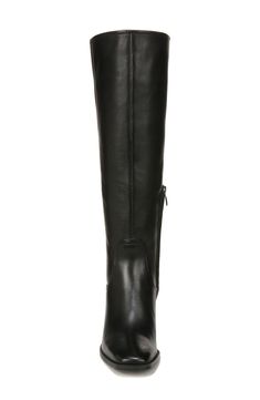 A stretchy back panel lends easy wear to an equestrian-inspired boot balanced by a squared-off toe and stacked block heel. 2 1/2" heel (size 7.5) 16" shaft; 14" calf circumference Cushioned footbed with Contour+ technology and arch support Leather upper/synthetic lining/rubber sole Imported Black Tall Boots With Stacked Heel, Fitted Calf Leather Boots With Block Heel, Classic Fitted Heeled Boots With Block Heel, Fitted Calf Leather Knee-high Boots With Block Heel, Fitted Heeled Boots With Leather Lining And Block Heel, Fitted Block Heel Boots With Leather Lining, Fitted Leather-lined Heeled Boots With Block Heel, Fitted Leather Lined Block Heel Boots, Fitted Knee-high Boots With Reinforced Heel For Work