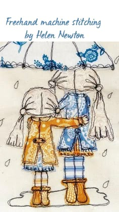 two people standing under an umbrella in the rain, one is wearing blue and yellow