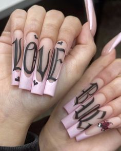 Burn Book Nails, Lowrider Nails Acrylic, Nail Ideas Chicana, Words On Nails, Chicana Nails Acrylic Black, Nails Chicana, Nails With Words On Them, Low Rider Nails