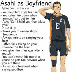 an anime character with his hand on his head and the words asahi as boyfriend