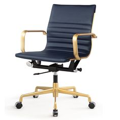 an office chair with gold arms and black leather upholstered seat, viewed from the front