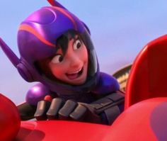 an animated character wearing a purple helmet and holding a red object in front of him