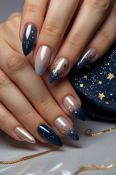 Dark Blue Nails Ombre, Nail Art Designs Dark Colors, Holiday Nail Inspo 2024, Fall Blue Nail Designs, Sparkle Nails Design, Colored Ombre Nails, Nail Ombre Designs, Ombre Tip Nails, New Years Nails Blue