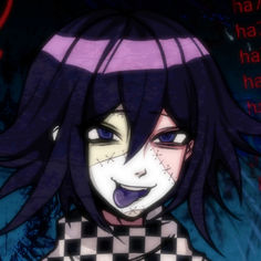 an anime character with black hair and purple eyes wearing a checkerboard shirt, smiling at the camera