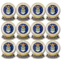 twelve badges with the words veteran and emblems in gold, blue, and white