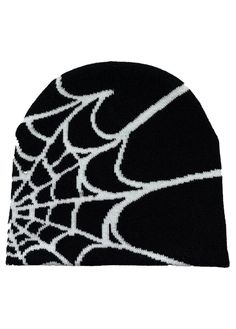 Black acrylic beanie hat with knit-in spiderweb design.     Black   Knitted beanie hat   White spiderweb detail   100% Acrylic   Unisex Web Beanie, Gothic Spider, Y2k Hat, Spider Pattern, Cooler Style, Y2k Accessories, Festival Camping, Punk Vintage, Winter Hats For Men