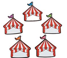 four circus tents with flags and name tags in the top one is red and white