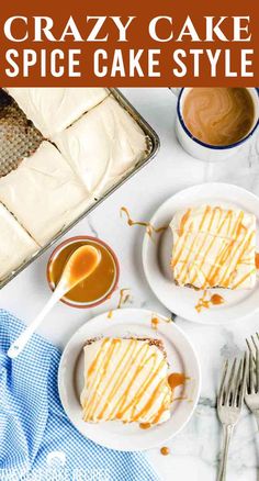 two white plates topped with cake and caramel sauce next to a baking pan filled with cakes