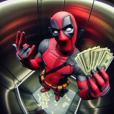 a deadpool character is holding money in his hand and standing on a metal surface