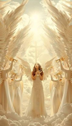 a woman standing in front of angel wings