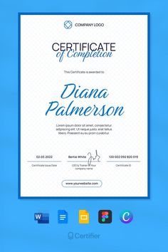 a certificate is shown on a blue background