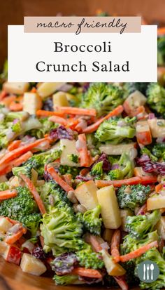 broccoli and cranberry crunch salad in a bowl with text overlay