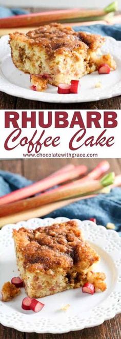 rhubarb coffee cake on a white plate