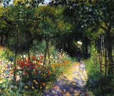 a painting of flowers and trees near a path in the woods, with one person walking