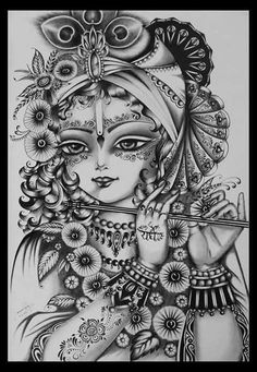 a pencil drawing of a woman holding a flute in her hand and wearing an elaborate headdress