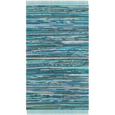 a multicolored rug with stripes and fringes on the bottom, in shades of blue