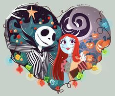 a heart shaped painting with jack and sally from the nightmare