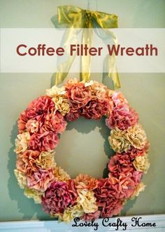 coffee filter wreath hanging on the wall