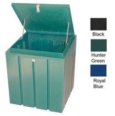 a green trash can with the lid open and four different colors on each side, including black, hunter green, royal blue