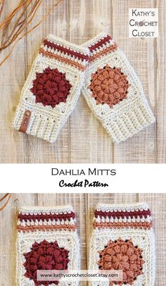 two crocheted mitts with the words dahla mitts written on them