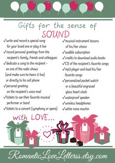 a poster with the words gifts for the sense of sound