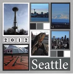 a collage of photos with the seattle skyline and space needle in it's center