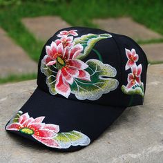 Ethnic Embroidered Floral Style Baseball Cap Hat Embroidered Baseball Cap For Beach In Spring, Black Embroidered Baseball Cap For Spring, Traditional Black Summer Hats, Black Embroidered Summer Hat, Traditional Adjustable Snapback Hat, Embroidered Festival Cap, Embroidered Cap For Festival, Traditional Embroidered Baseball Cap, Black Embroidered Beach Hat