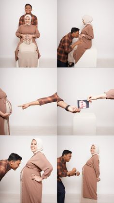 a man and woman standing next to each other in front of a white wall with their arms stretched out