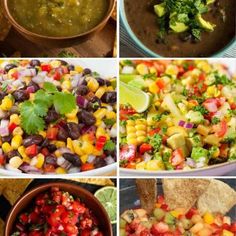 several pictures of different types of food including salsa, tortilla chips and avocado