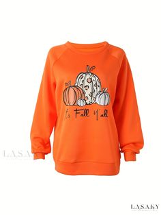 Lasaky - Fall and Winter Womens Casual Long Sleeve Crew Neck Sweatshirt with Halloween Pumpkin Print - Fashionable and Comfortable Long Sleeve Cartoon Print Sweatshirt For Fall, Casual Fall Sweatshirt With Cartoon Print, Casual Fall Cartoon Print Sweatshirt, Fall Cartoon Print Crew Neck Sweatshirt, Orange Crew Neck Top For Fall, Orange Long Sleeve T-shirt For Fall, Pumpkin Print, Womens Casual, Halloween Pumpkin