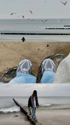 two pictures with people standing on the beach and one has their feet in the sand